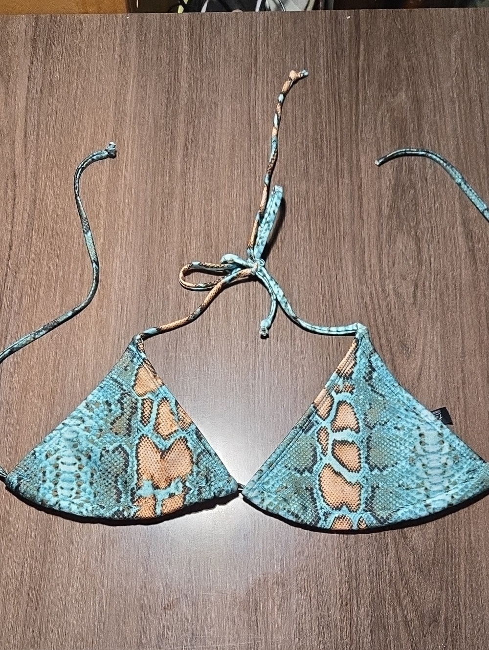 Forplay Turquoise and Tan Snake-Print Triangle Bikini Top